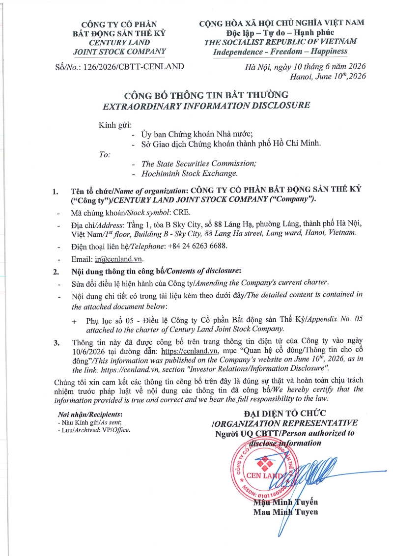 Phụ lục số 05 Điều lệ C&ocirc;ng ty Cổ phần Bất động sản Thế Kỷ